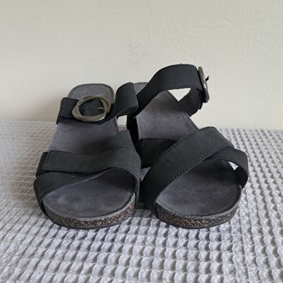 Dansko Black Wedge Sandals with Silver Buckle - Picture 4 of 16